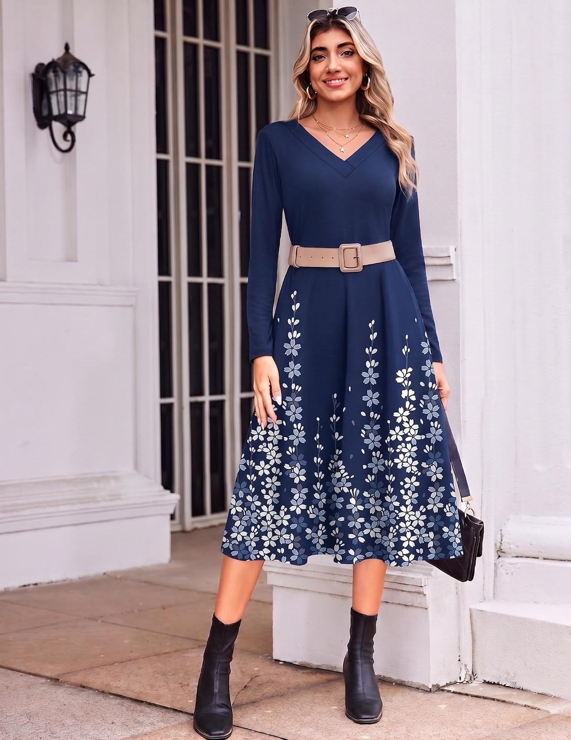 image:imageZeagoo Dresses for Womens Long Sleeve Midi Dress Fall Casual A Line DressBlue Floral