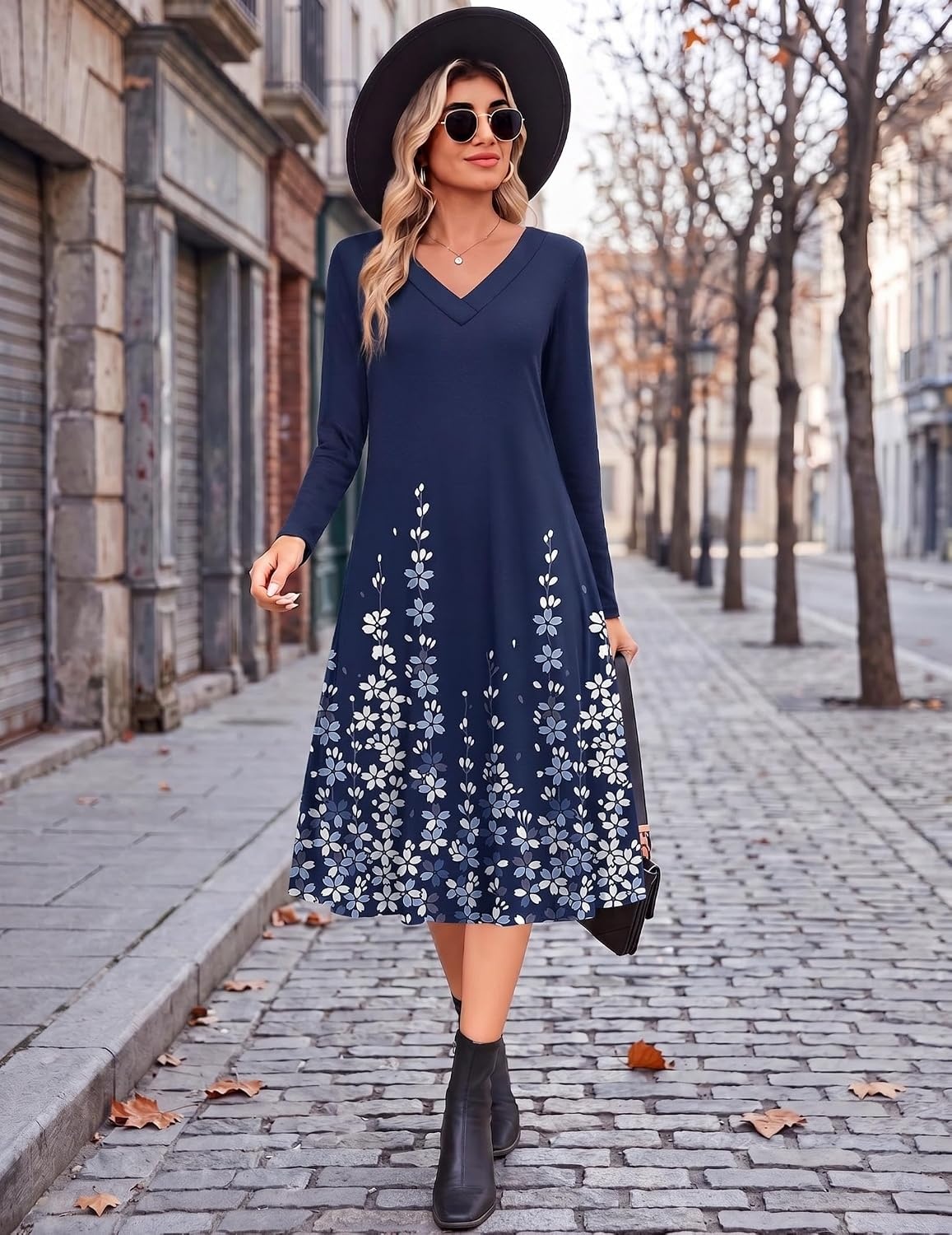 image:imageZeagoo Dresses for Womens Long Sleeve Midi Dress Fall Casual A Line DressBlue Floral