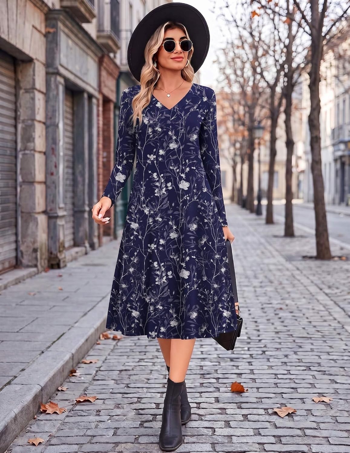 image:imageZeagoo Dresses for Womens Long Sleeve Midi Dress Fall Casual A Line DressBlue Loral2