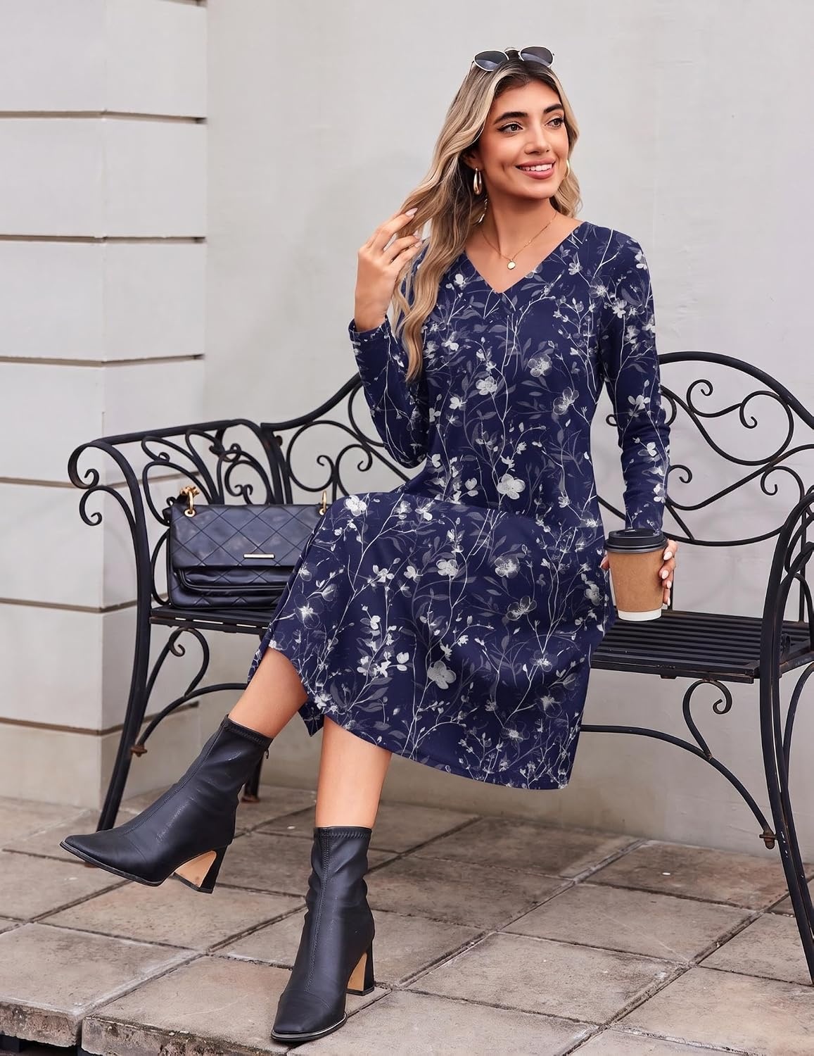 image:imageZeagoo Dresses for Womens Long Sleeve Midi Dress Fall Casual A Line DressBlue Loral2