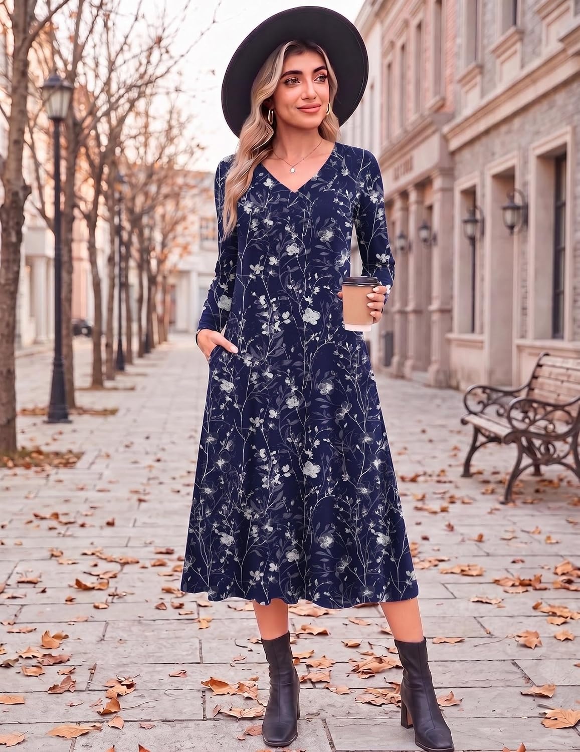 image:imageZeagoo Dresses for Womens Long Sleeve Midi Dress Fall Casual A Line DressBlue Loral2