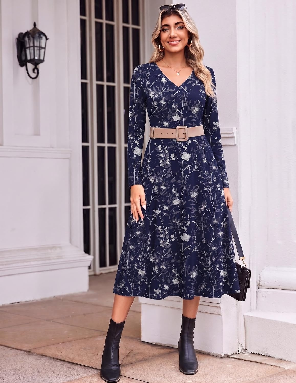 image:imageZeagoo Dresses for Womens Long Sleeve Midi Dress Fall Casual A Line DressBlue Loral2