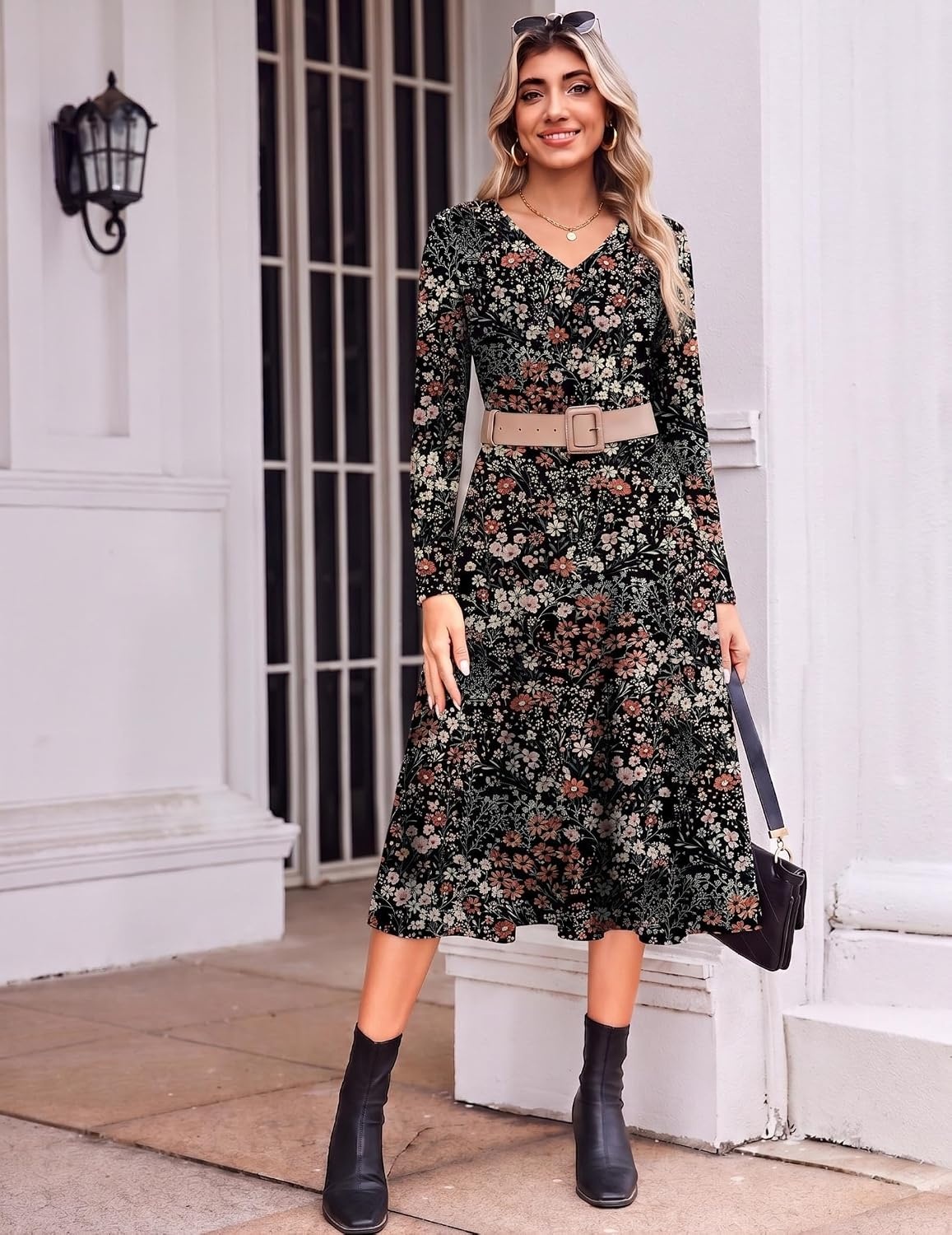 image:imageZeagoo Dresses for Womens Long Sleeve Midi Dress Fall Casual A Line DressFloral
