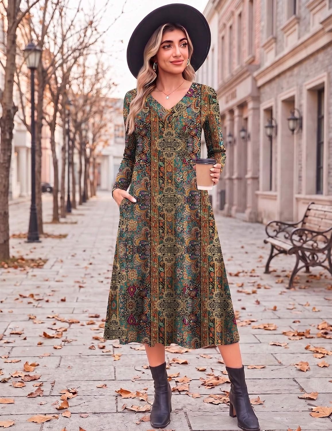 image:imageZeagoo Dresses for Womens Long Sleeve Midi Dress Fall Casual A Line DressFloral Printed1