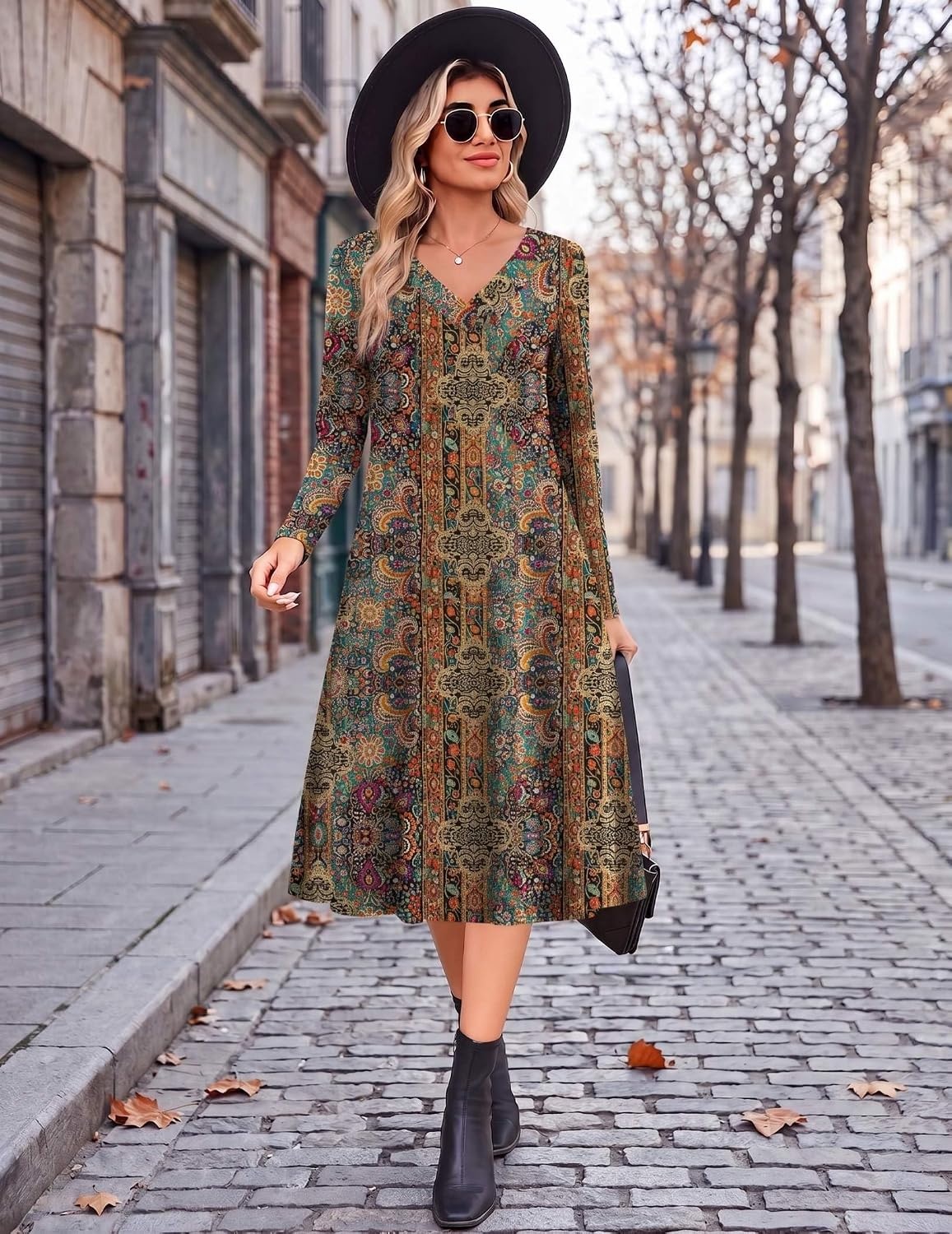 image:imageZeagoo Dresses for Womens Long Sleeve Midi Dress Fall Casual A Line DressFloral Printed1