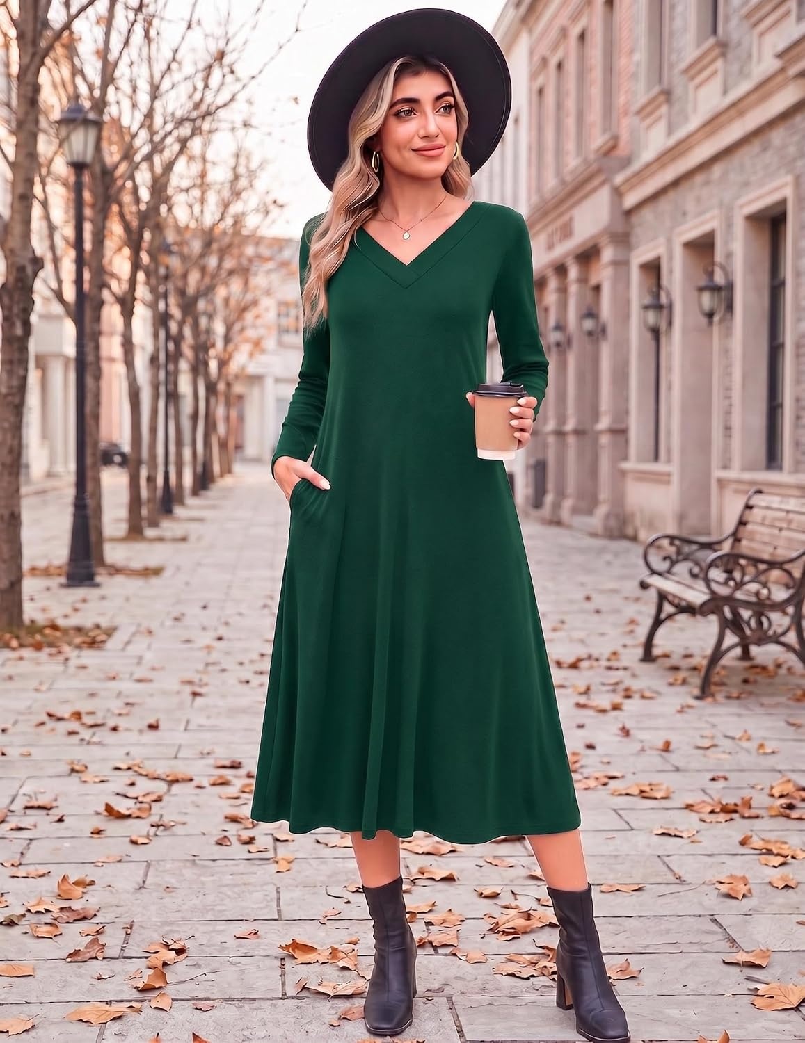 image:imageZeagoo Dresses for Womens Long Sleeve Midi Dress Fall Casual A Line DressGreen