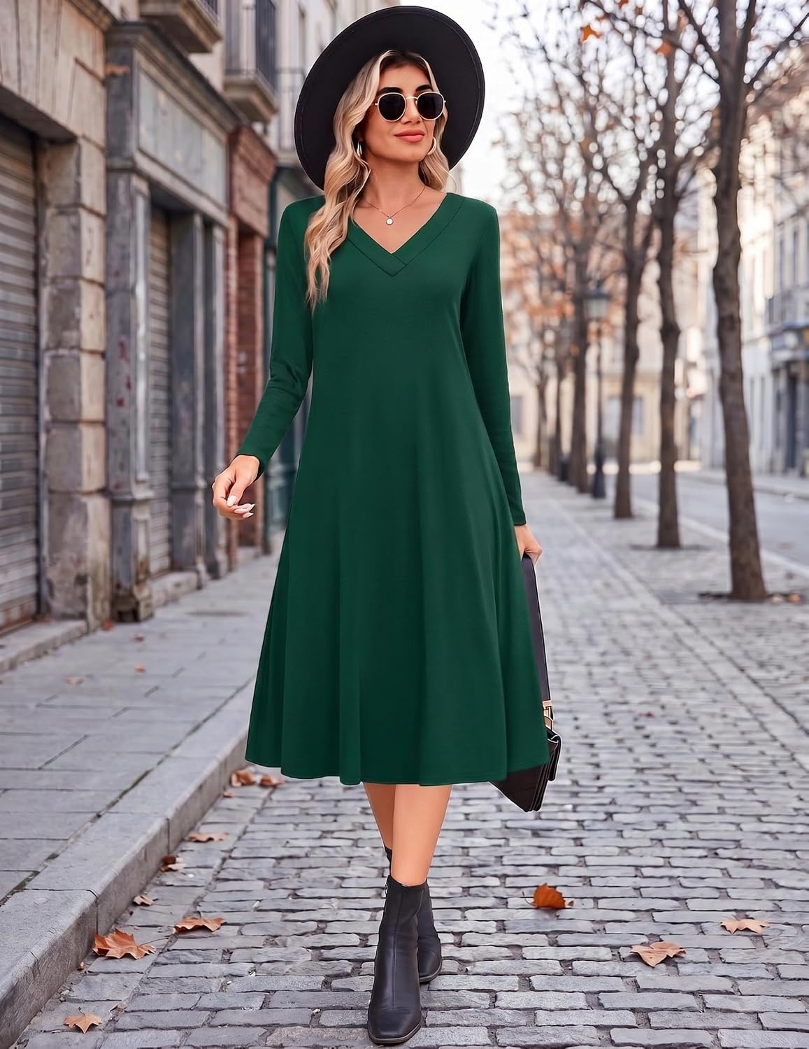 image:imageZeagoo Dresses for Womens Long Sleeve Midi Dress Fall Casual A Line DressGreen