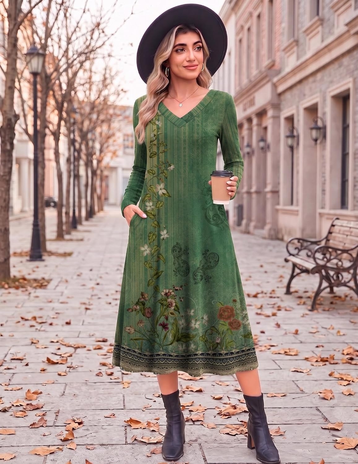 image:imageZeagoo Dresses for Womens Long Sleeve Midi Dress Fall Casual A Line DressGreen Floral