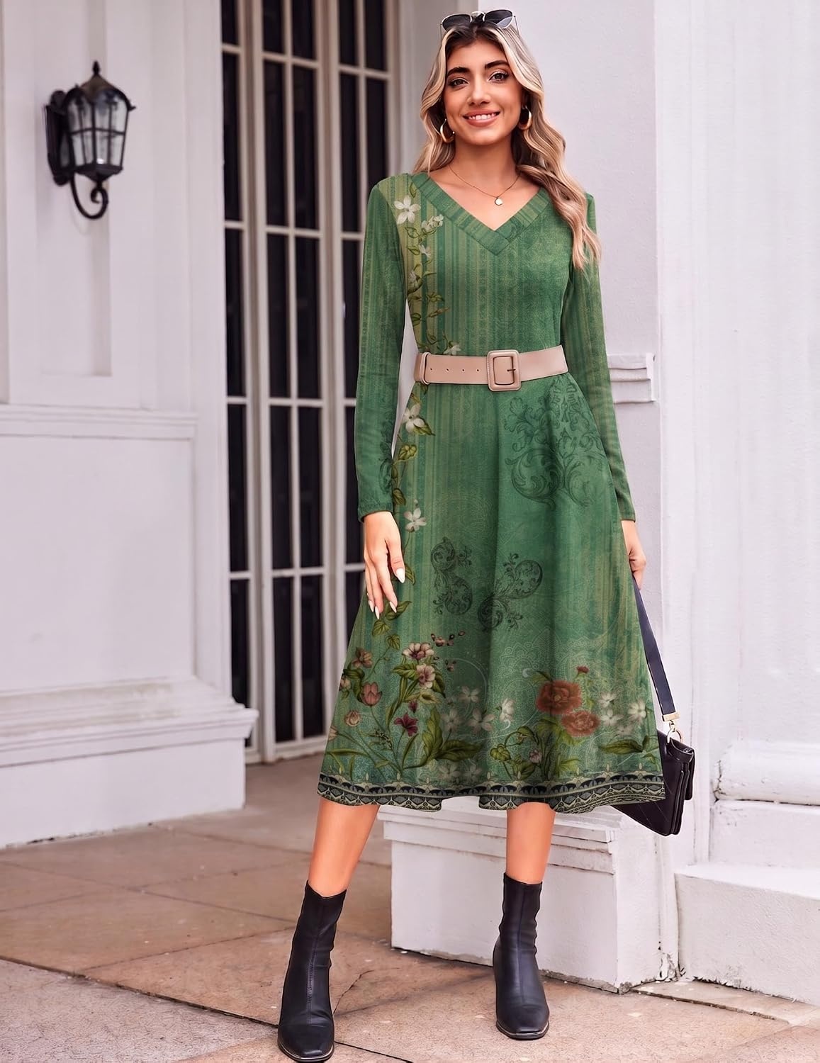 image:imageZeagoo Dresses for Womens Long Sleeve Midi Dress Fall Casual A Line DressGreen Floral
