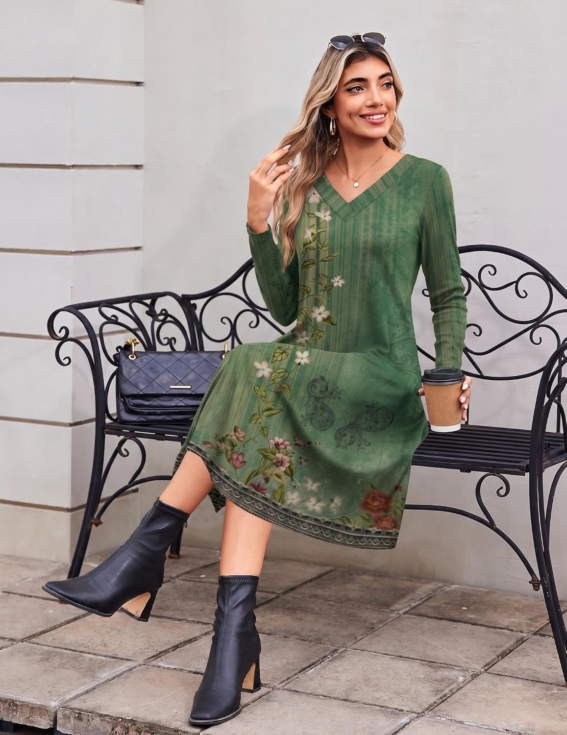 image:imageZeagoo Dresses for Womens Long Sleeve Midi Dress Fall Casual A Line DressGreen Floral