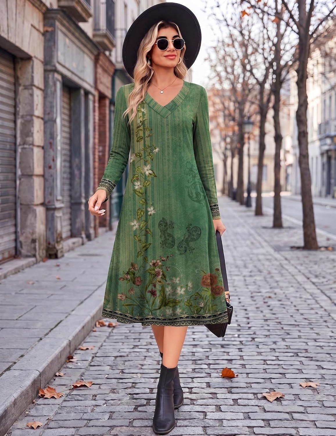 image:imageZeagoo Dresses for Womens Long Sleeve Midi Dress Fall Casual A Line DressGreen Floral
