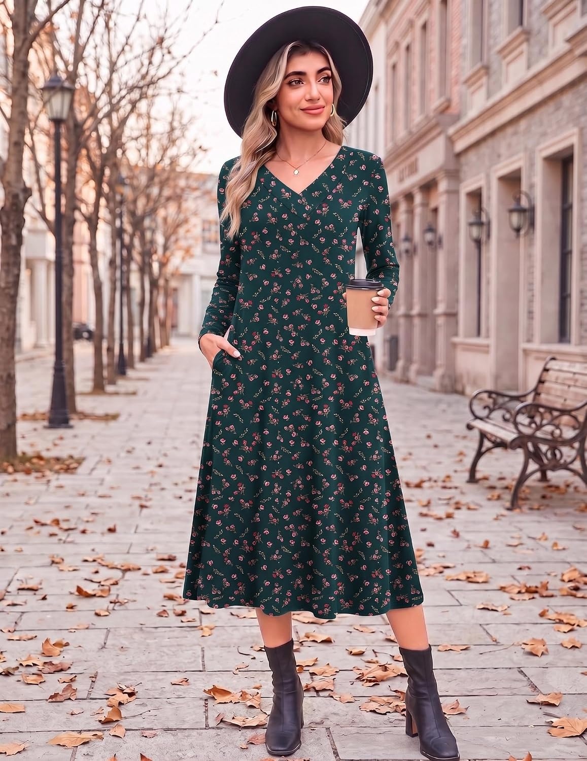 image:imageZeagoo Dresses for Womens Long Sleeve Midi Dress Fall Casual A Line DressGreen Floralprinted