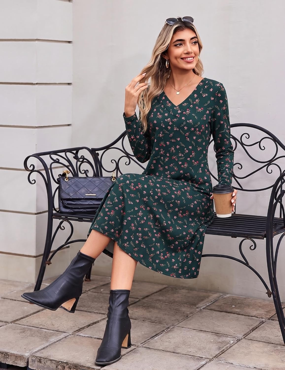 image:imageZeagoo Dresses for Womens Long Sleeve Midi Dress Fall Casual A Line DressGreen Floralprinted