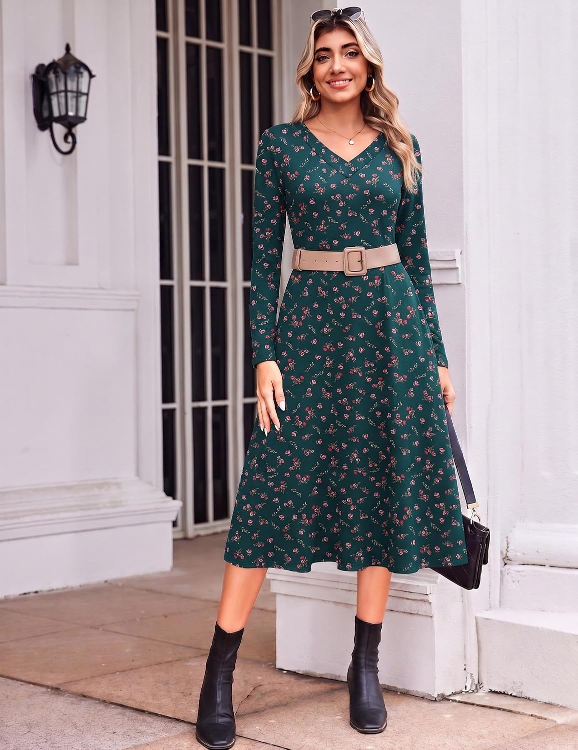 image:imageZeagoo Dresses for Womens Long Sleeve Midi Dress Fall Casual A Line DressGreen Floralprinted