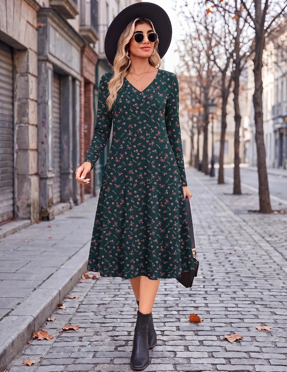image:imageZeagoo Dresses for Womens Long Sleeve Midi Dress Fall Casual A Line DressGreen Floralprinted