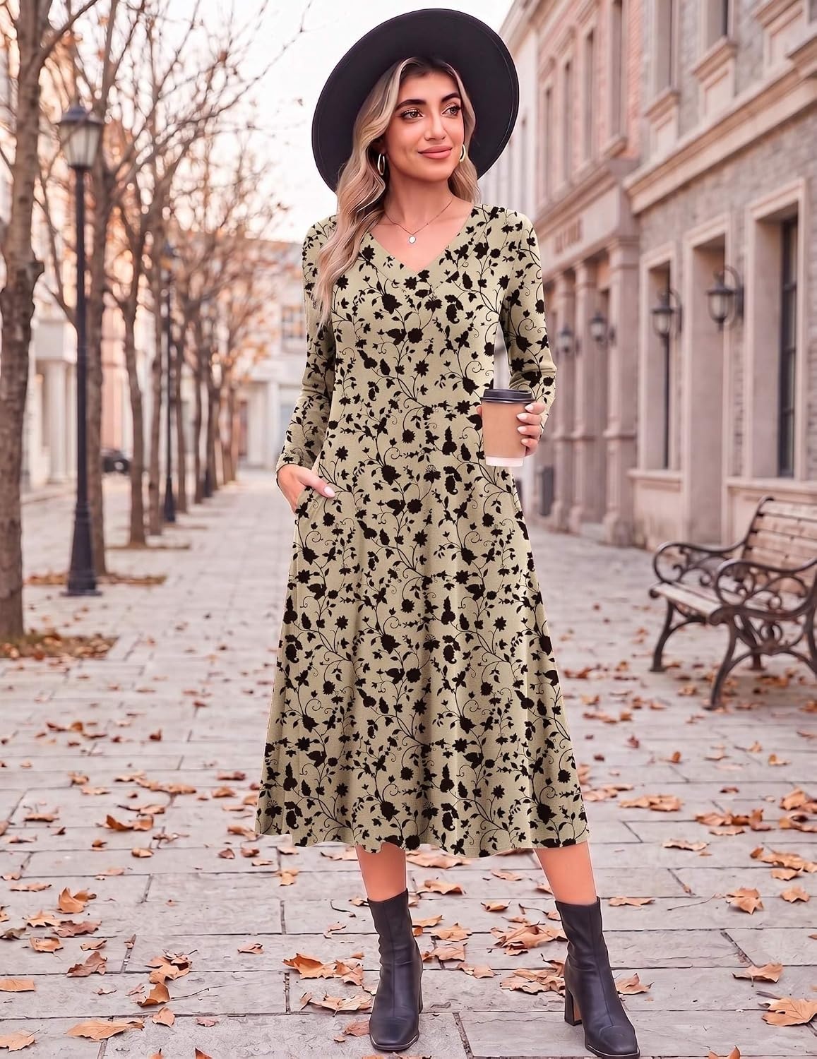 image:imageZeagoo Dresses for Womens Long Sleeve Midi Dress Fall Casual A Line DressKhaki Printed