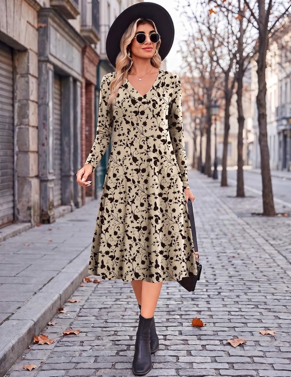image:imageZeagoo Dresses for Womens Long Sleeve Midi Dress Fall Casual A Line DressKhaki Printed