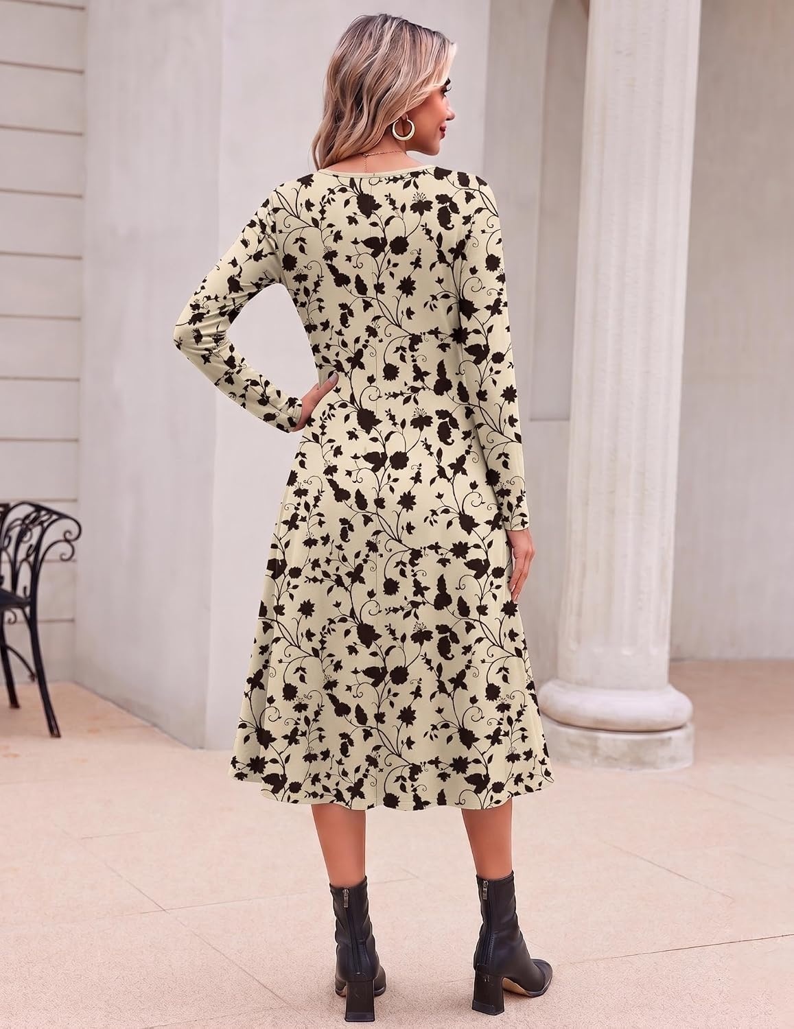image:imageZeagoo Dresses for Womens Long Sleeve Midi Dress Fall Casual A Line DressKhaki Printed