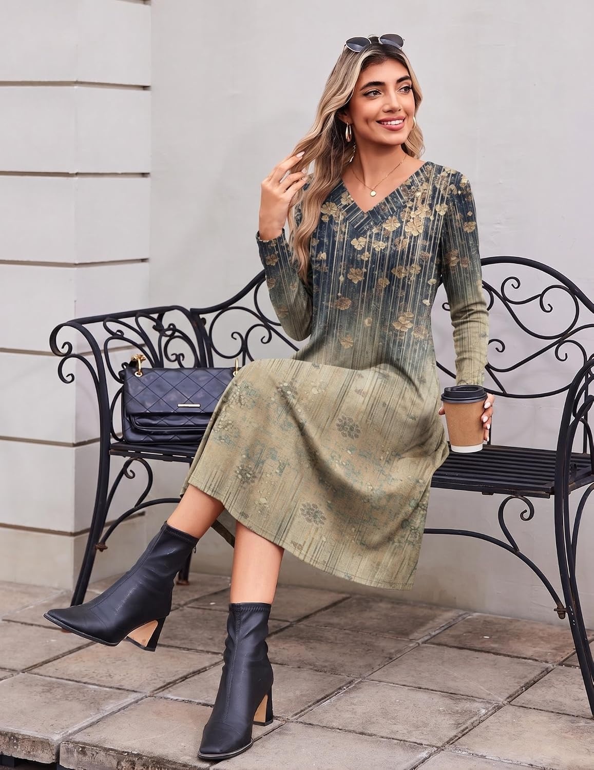 image:imageZeagoo Dresses for Womens Long Sleeve Midi Dress Fall Casual A Line DressLeaf Print