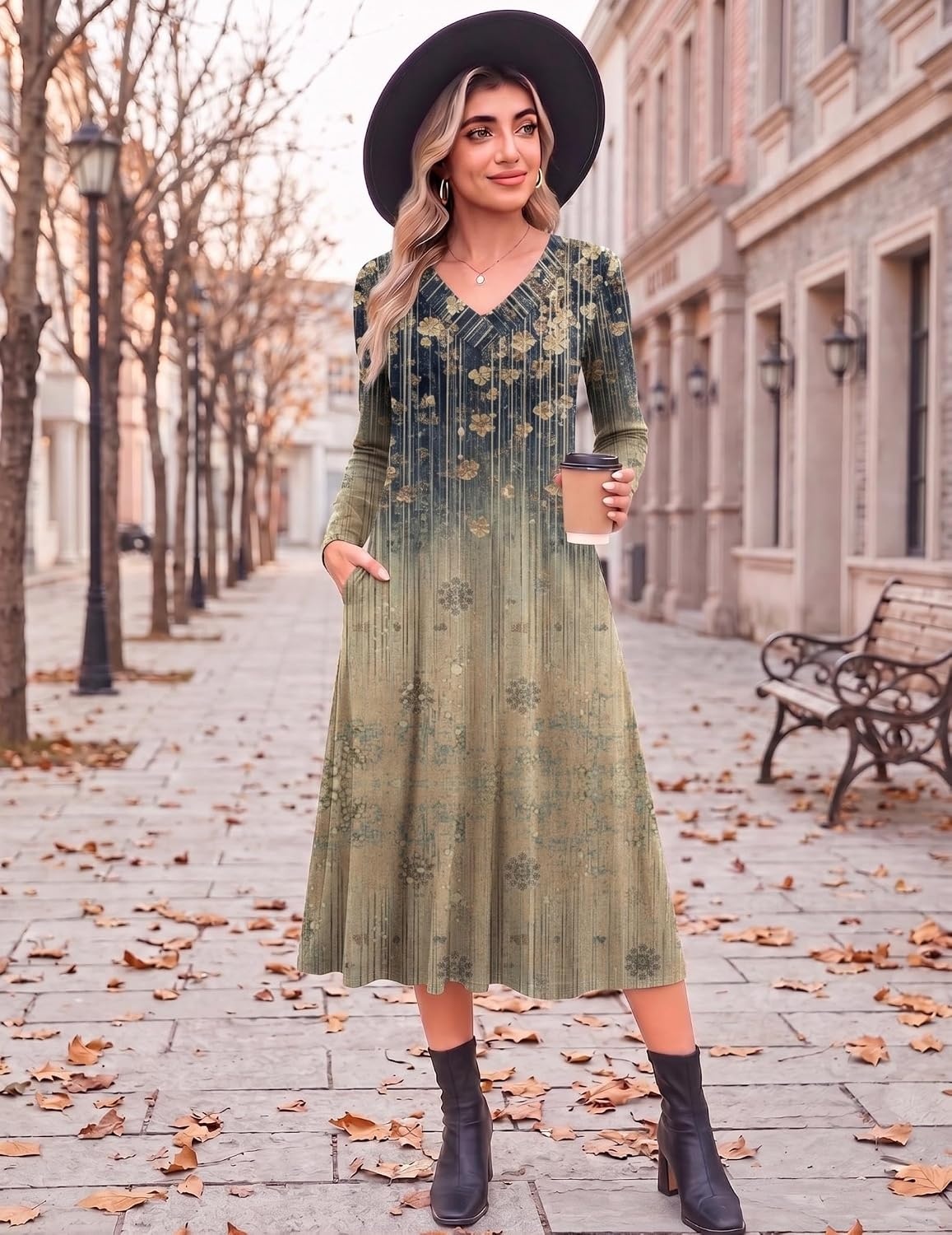 image:imageZeagoo Dresses for Womens Long Sleeve Midi Dress Fall Casual A Line DressLeaf Print