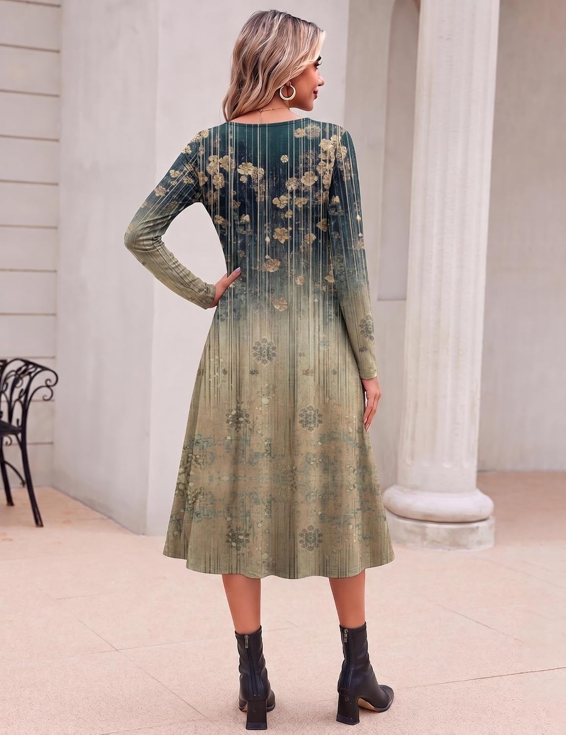image:imageZeagoo Dresses for Womens Long Sleeve Midi Dress Fall Casual A Line DressLeaf Print