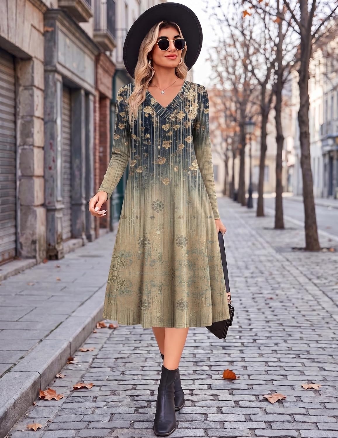 image:imageZeagoo Dresses for Womens Long Sleeve Midi Dress Fall Casual A Line DressLeaf Print