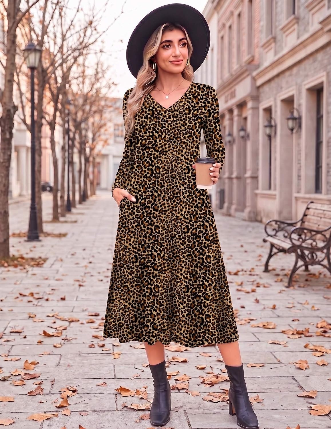 image:imageZeagoo Dresses for Womens Long Sleeve Midi Dress Fall Casual A Line DressLeopard Print