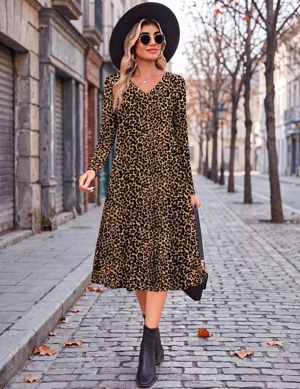 image:imageZeagoo Dresses for Womens Long Sleeve Midi Dress Fall Casual A Line DressLeopard Print