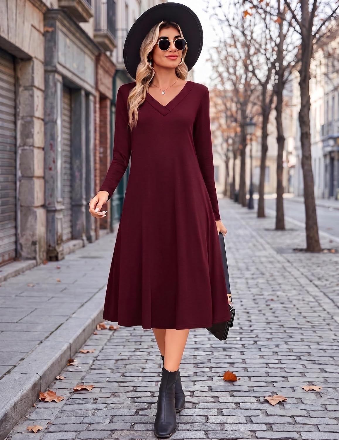 image:imageZeagoo Dresses for Womens Long Sleeve Midi Dress Fall Casual A Line DressRed