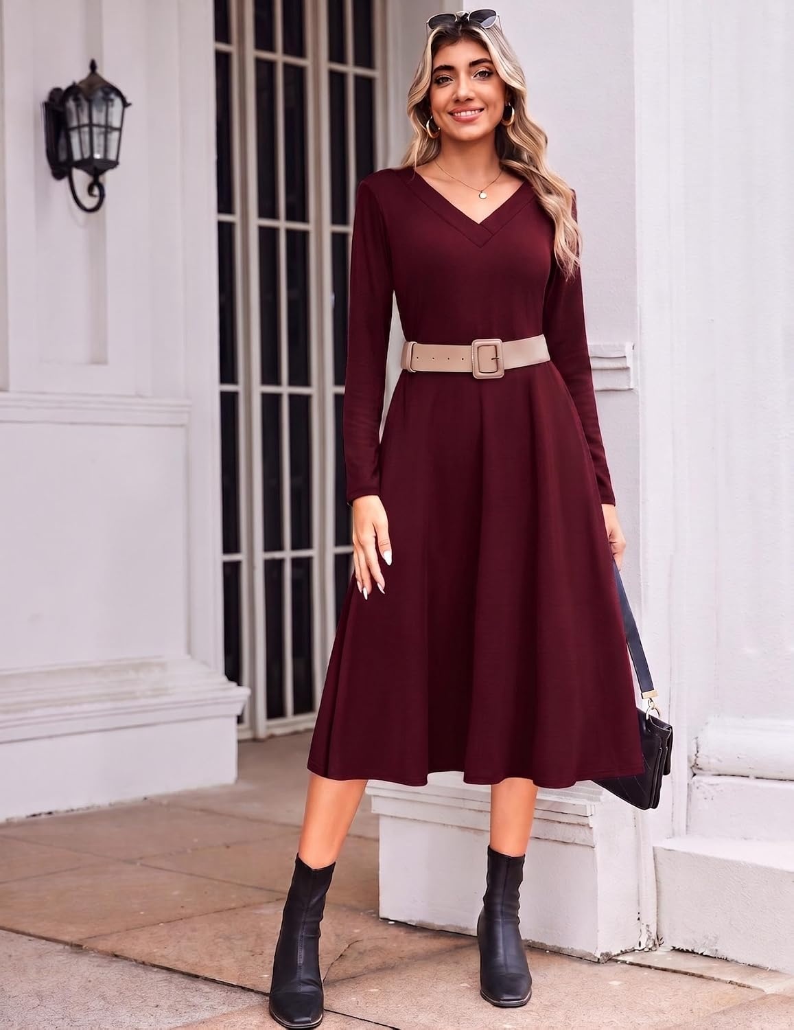 image:imageZeagoo Dresses for Womens Long Sleeve Midi Dress Fall Casual A Line DressRed