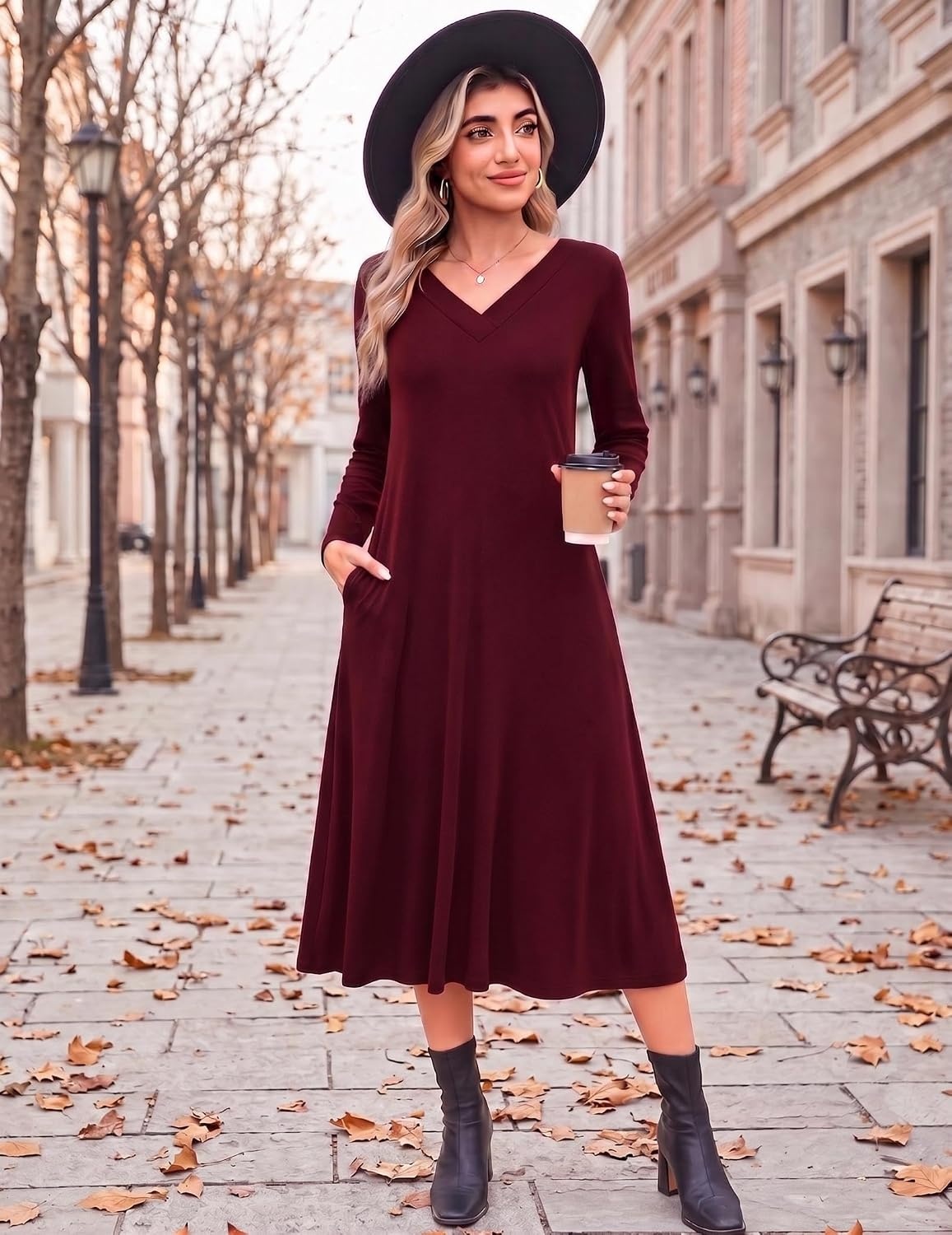 image:imageZeagoo Dresses for Womens Long Sleeve Midi Dress Fall Casual A Line DressRed