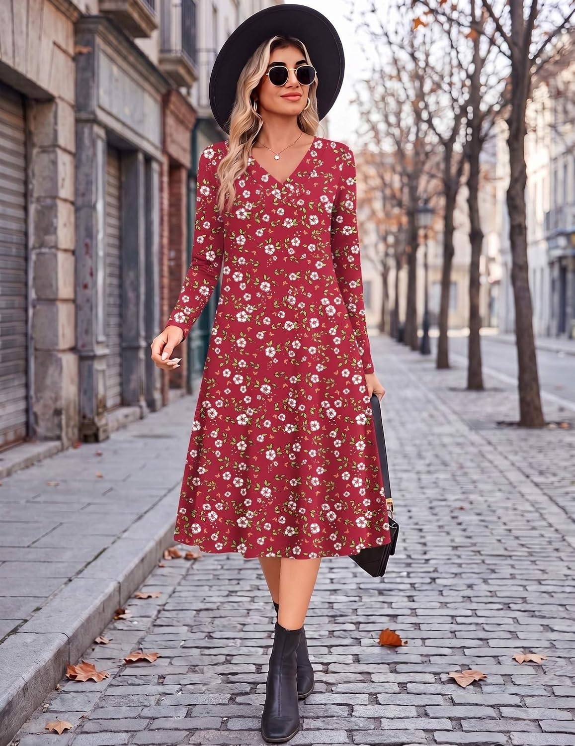 image:imageZeagoo Dresses for Womens Long Sleeve Midi Dress Fall Casual A Line DressRed Floral