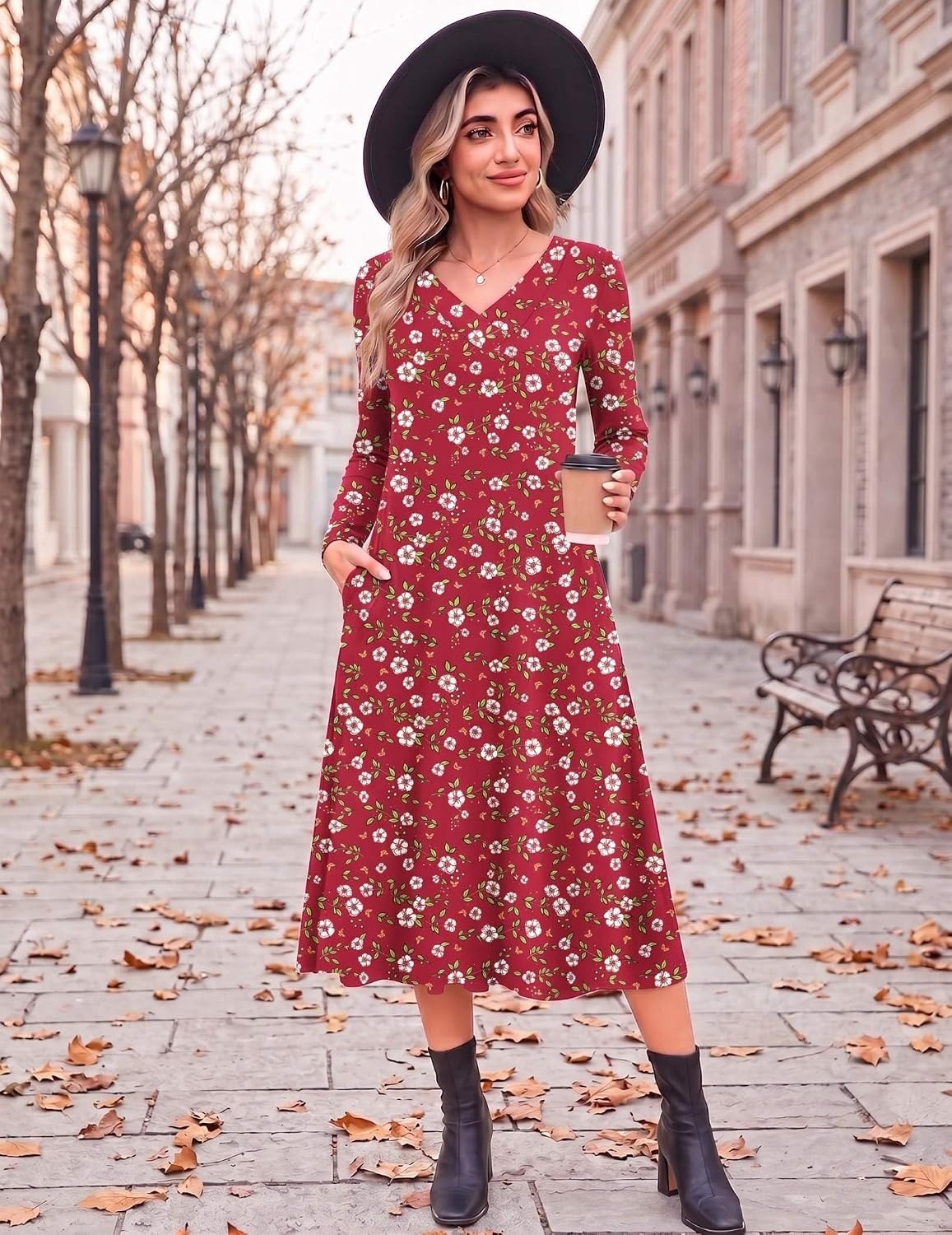 image:imageZeagoo Dresses for Womens Long Sleeve Midi Dress Fall Casual A Line DressRed Floral