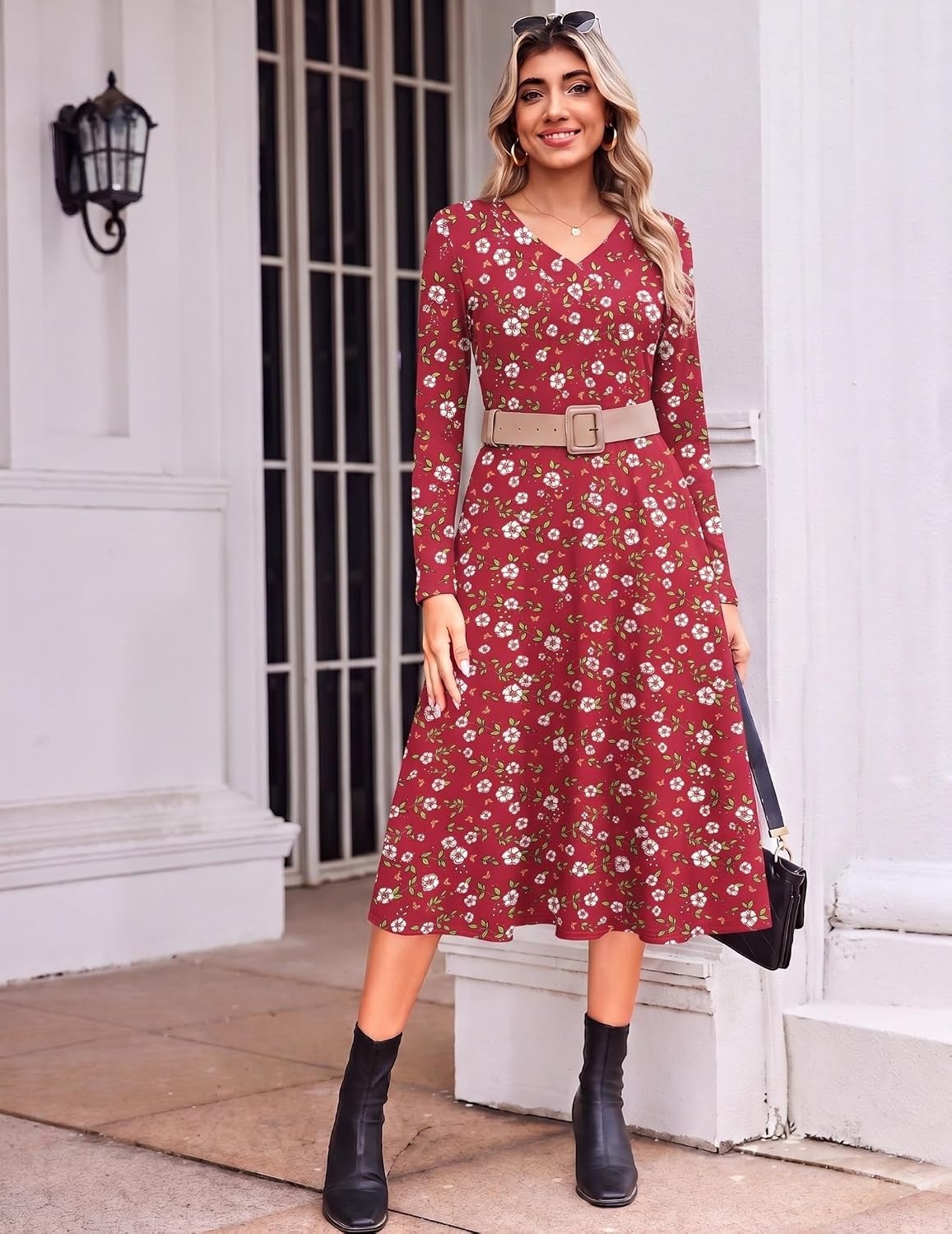 image:imageZeagoo Dresses for Womens Long Sleeve Midi Dress Fall Casual A Line DressRed Floral
