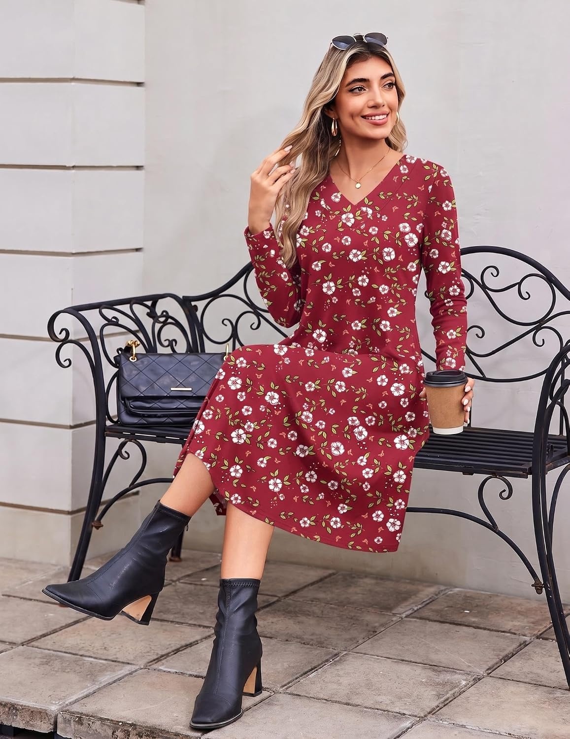 image:imageZeagoo Dresses for Womens Long Sleeve Midi Dress Fall Casual A Line DressRed Floral