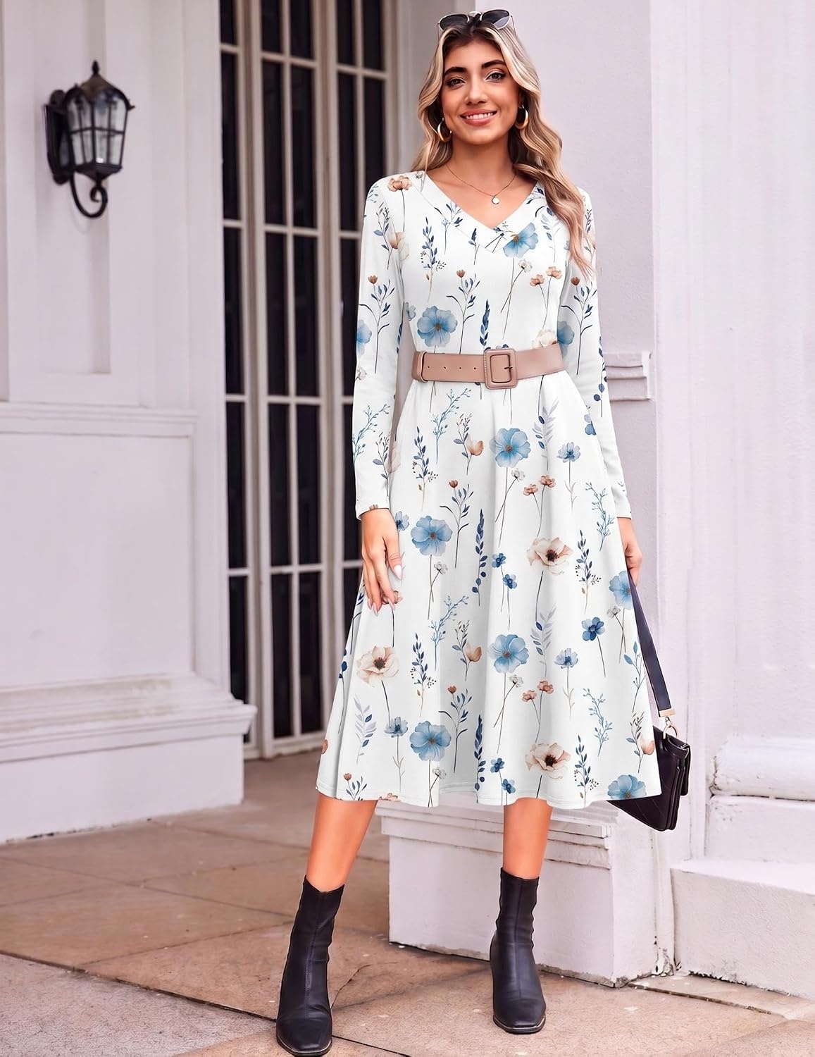 image:imageZeagoo Dresses for Womens Long Sleeve Midi Dress Fall Casual A Line DressWhite Floral