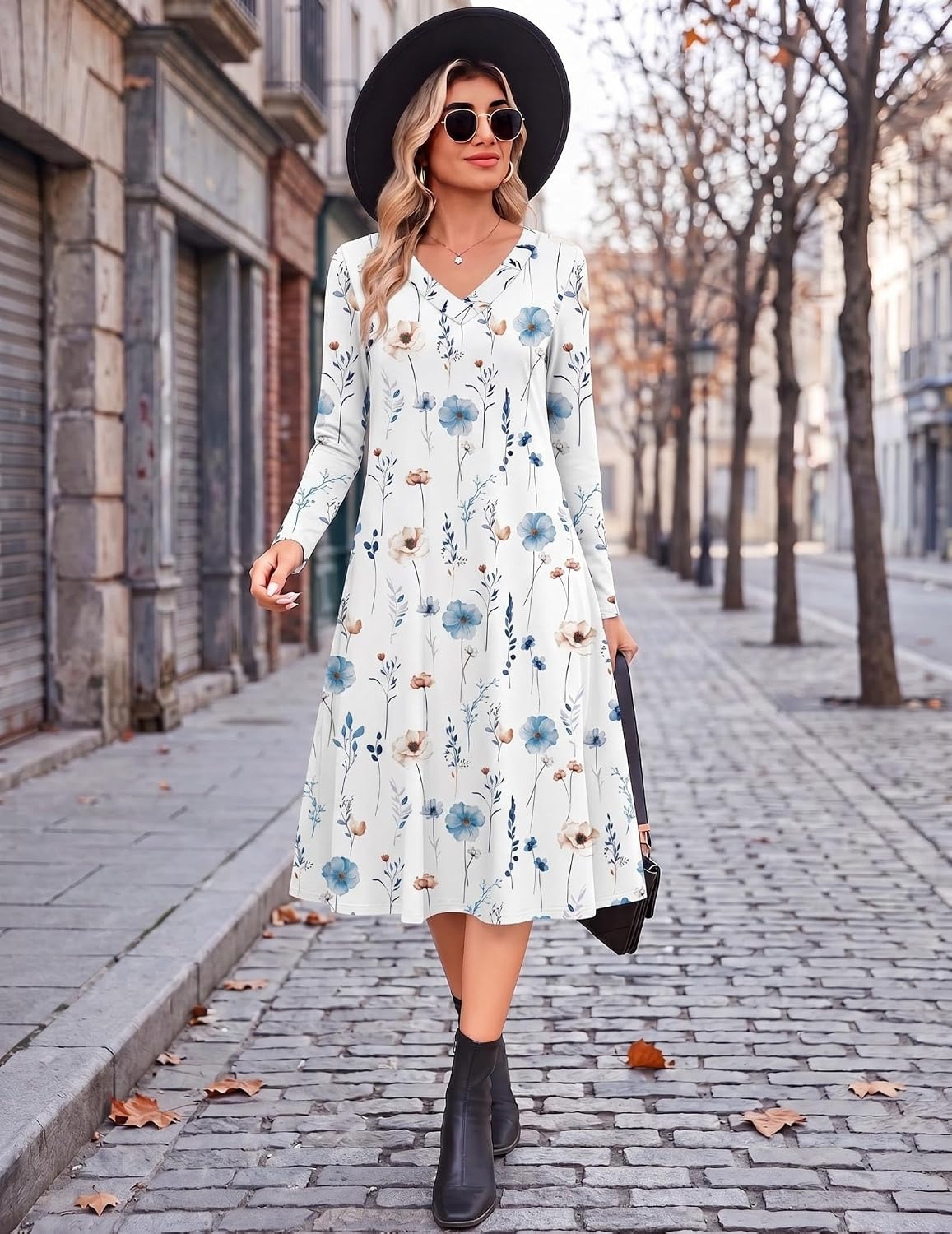 image:imageZeagoo Dresses for Womens Long Sleeve Midi Dress Fall Casual A Line DressWhite Floral