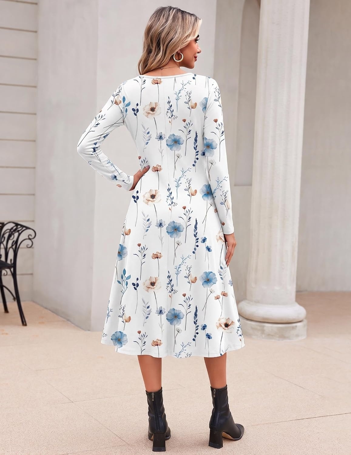 image:imageZeagoo Dresses for Womens Long Sleeve Midi Dress Fall Casual A Line DressWhite Floral