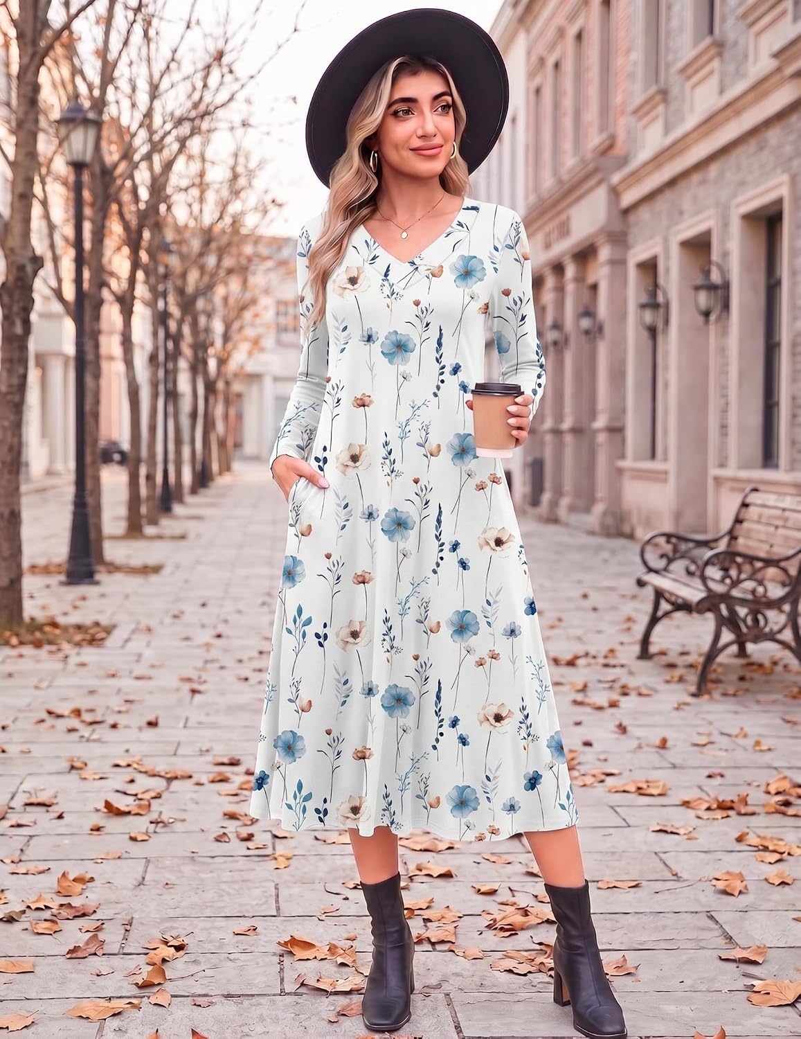 image:imageZeagoo Dresses for Womens Long Sleeve Midi Dress Fall Casual A Line DressWhite Floral