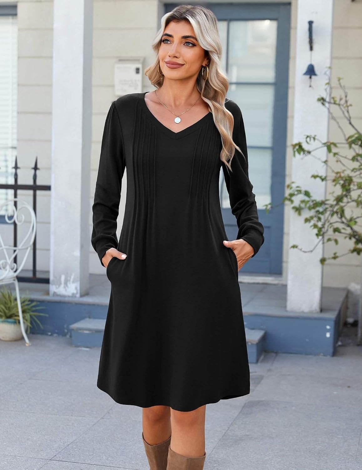 image:imageZeagoo Fall Dresses for Women Long Sleeve Casual Pleated V Neck Dress 2026 A Line Tunic DressAblack