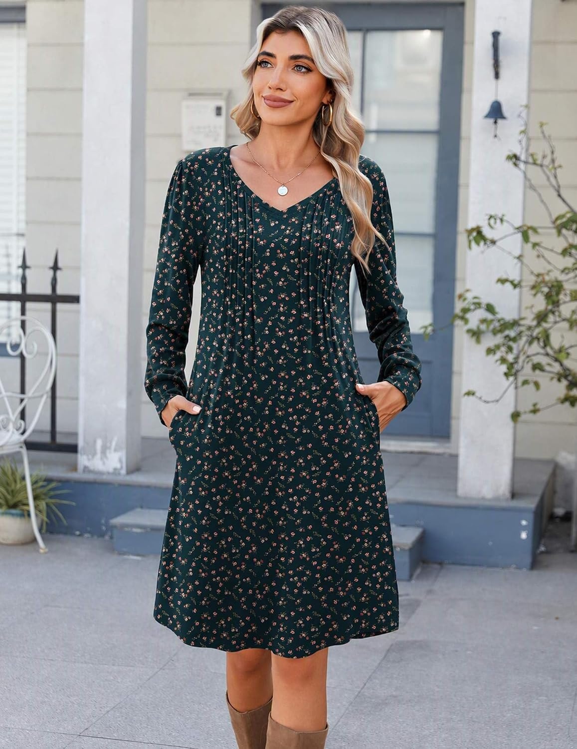 image:imageZeagoo Fall Dresses for Women Long Sleeve Casual Pleated V Neck Dress 2026 A Line Tunic DressB26 Green Floral