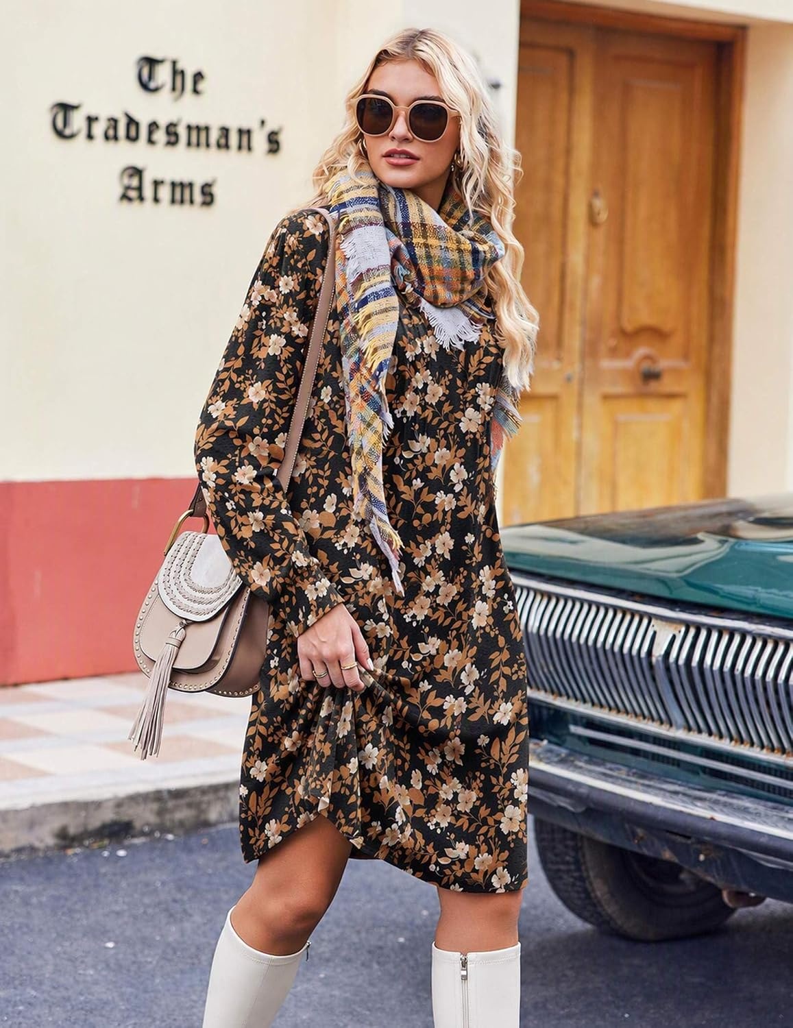 image:imageZeagoo Fall Dresses for Women Long Sleeve Casual Pleated V Neck Dress 2026 A Line Tunic DressB26 Maple Leaf