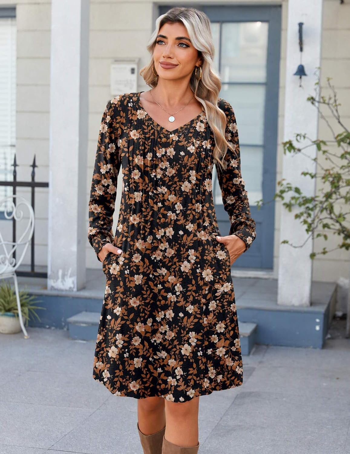 image:imageZeagoo Fall Dresses for Women Long Sleeve Casual Pleated V Neck Dress 2026 A Line Tunic DressB26 Maple Leaf