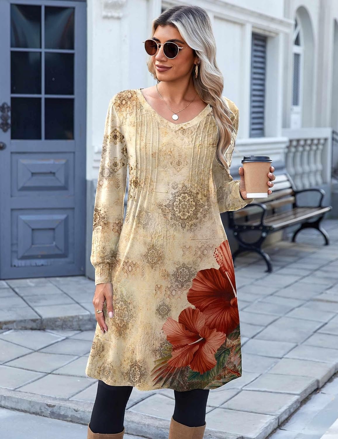 image:imageZeagoo Fall Dresses for Women Long Sleeve Casual Pleated V Neck Dress 2026 A Line Tunic DressBeige Floral