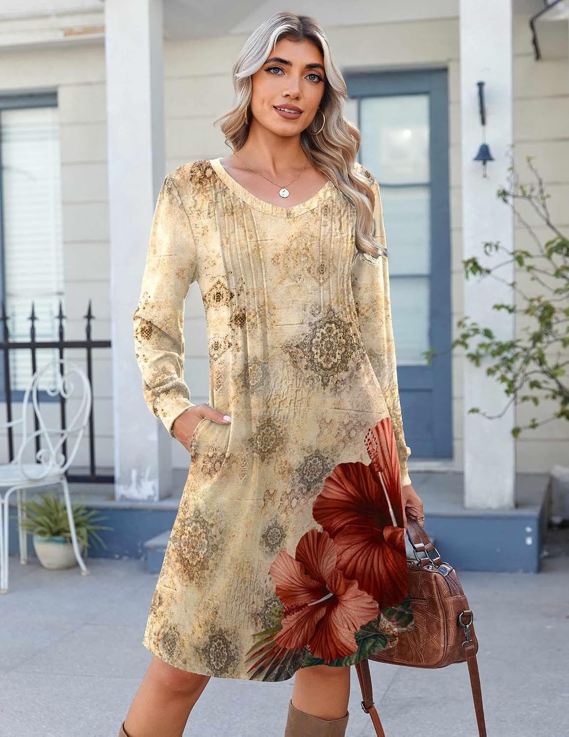 image:imageZeagoo Fall Dresses for Women Long Sleeve Casual Pleated V Neck Dress 2026 A Line Tunic DressBeige Floral