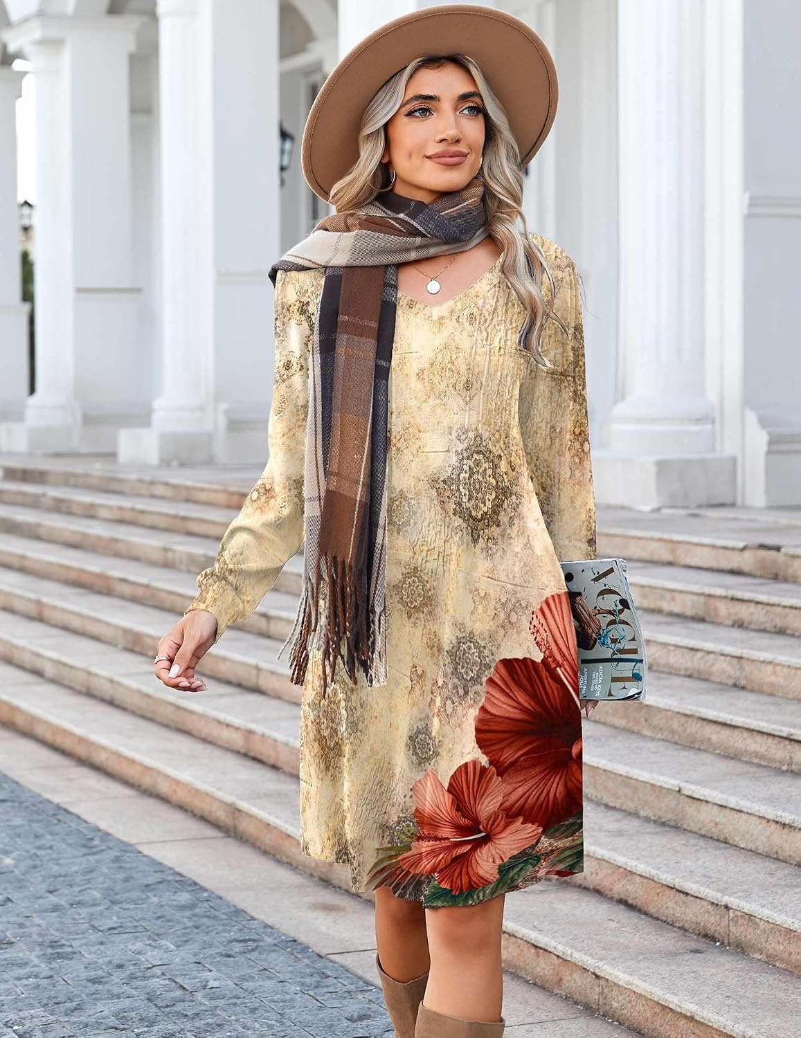 image:imageZeagoo Fall Dresses for Women Long Sleeve Casual Pleated V Neck Dress 2026 A Line Tunic DressBeige Floral