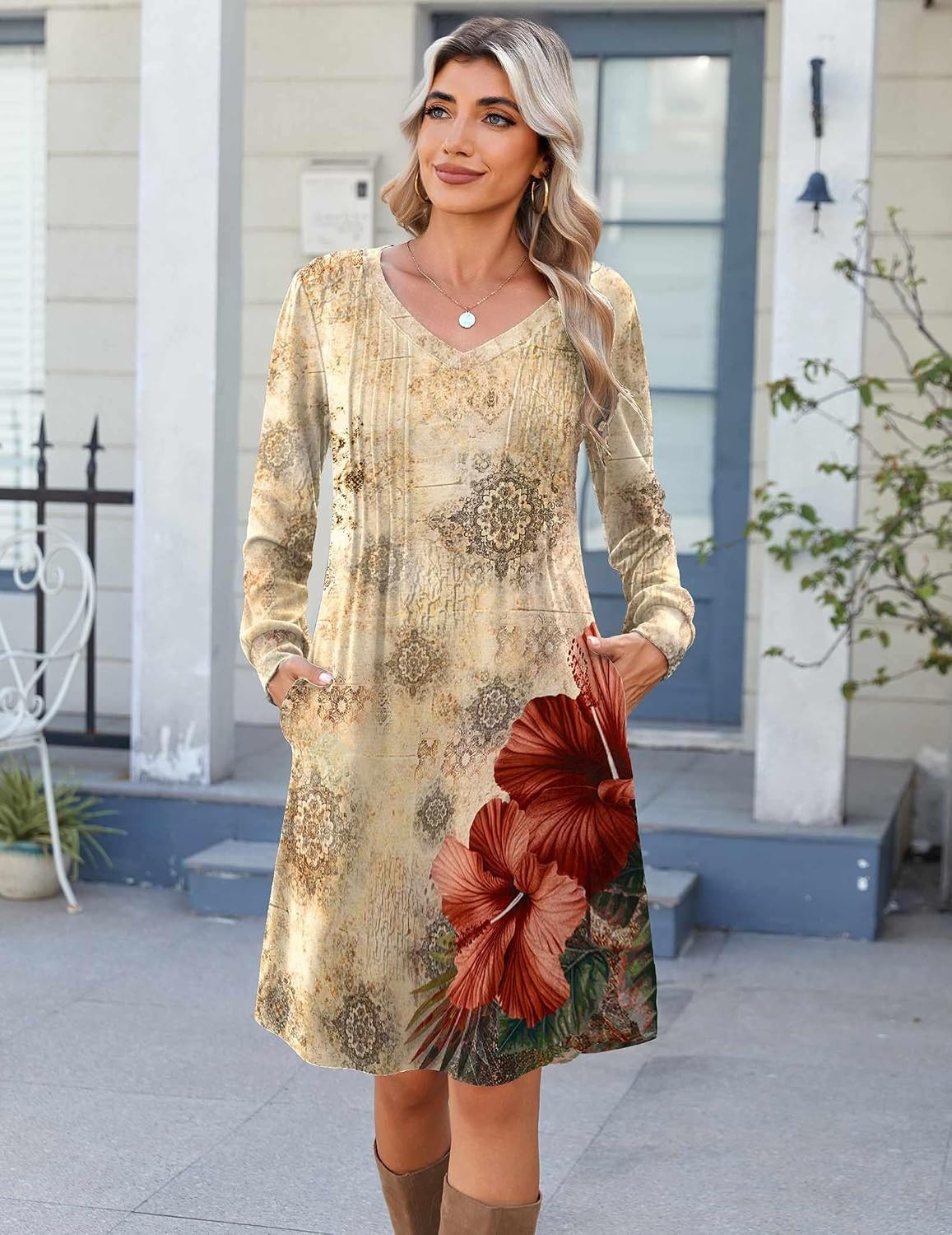image:imageZeagoo Fall Dresses for Women Long Sleeve Casual Pleated V Neck Dress 2026 A Line Tunic DressBeige Floral