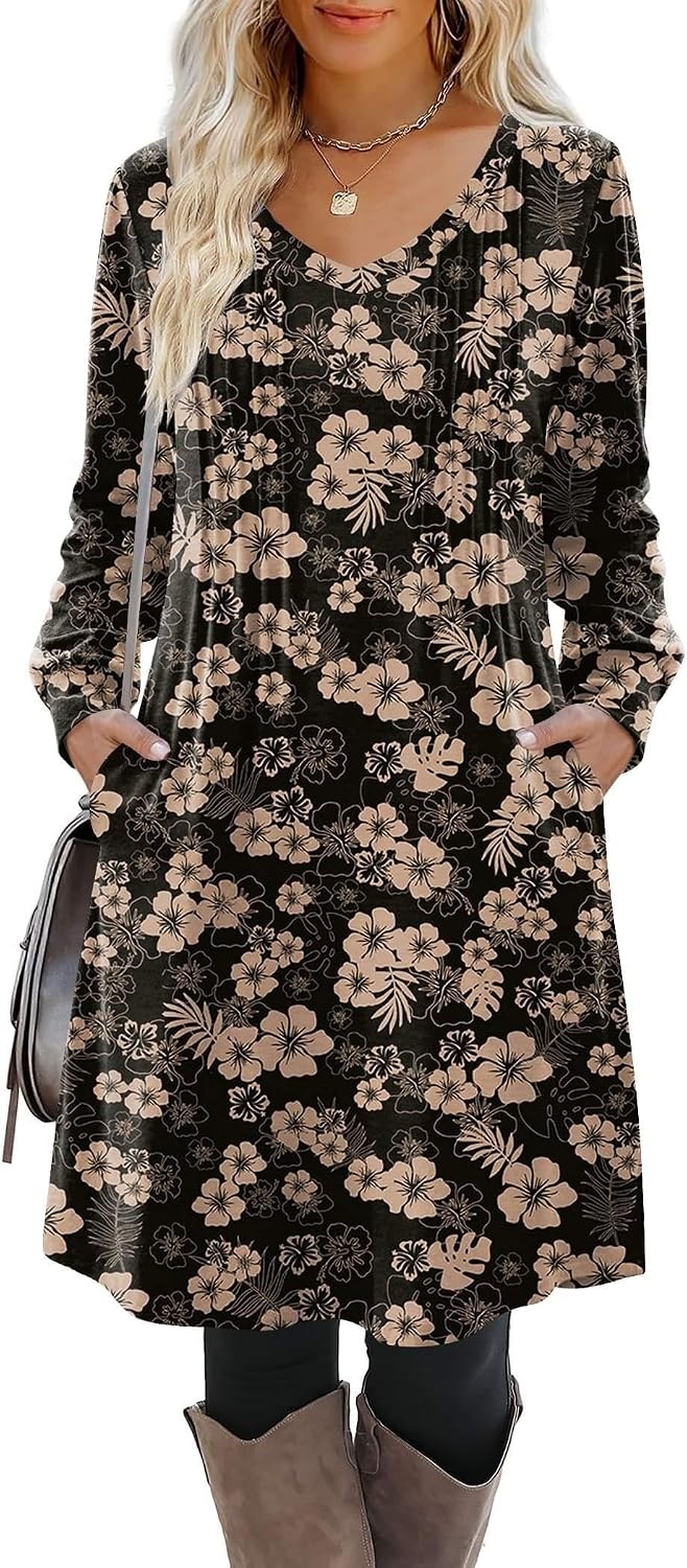 image:imageZeagoo Fall Dresses for Women Long Sleeve Casual Pleated V Neck Dress 2026 A Line Tunic DressBlack Floral 02