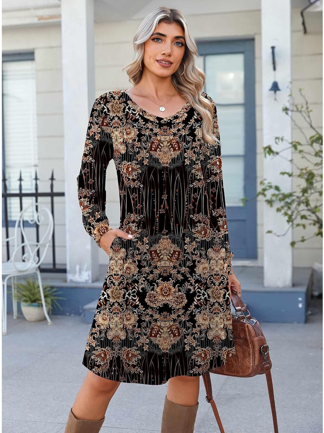 image:imageZeagoo Fall Dresses for Women Long Sleeve Casual Pleated V Neck Dress 2026 A Line Tunic DressBlack Printed