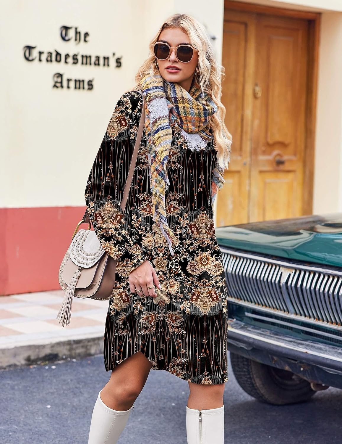 image:imageZeagoo Fall Dresses for Women Long Sleeve Casual Pleated V Neck Dress 2026 A Line Tunic DressBlack Printed